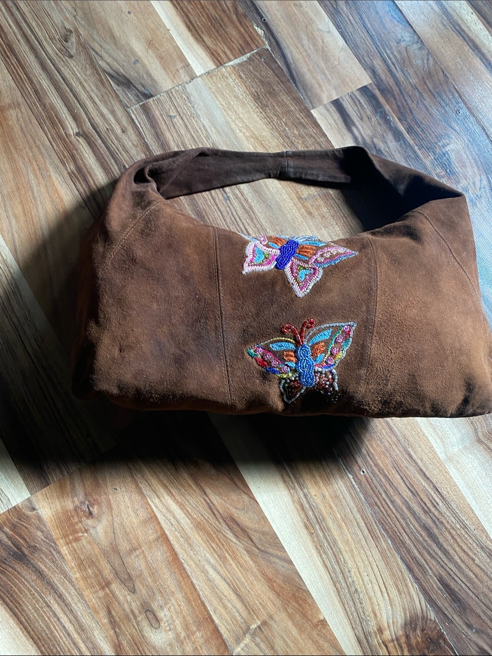 Moyna Brown Suede Hobo Bag with Colorful Embroidered Butterflies